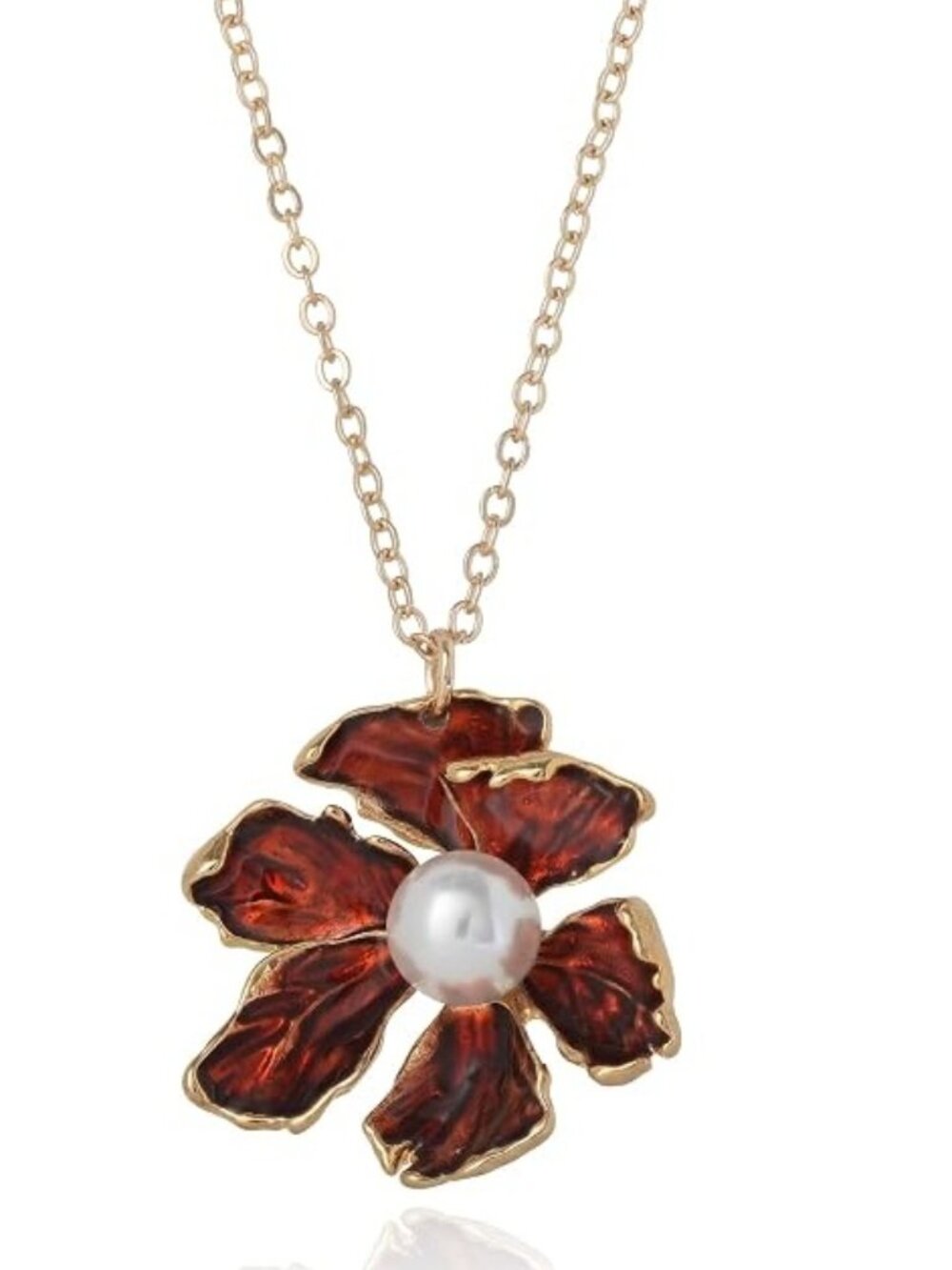 BCBG Flower Pendant Necklace with Faux Pearl, 17"+3" Gold-Tone Red Flower